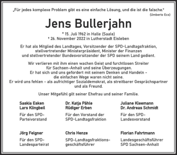 Traueranzeige von Jens Bullerjahn  von Magdeburger Volksstimme
