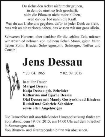 Traueranzeige von Jens Dessau  von Magdeburger Volksstimme