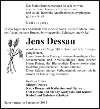 Traueranzeige von Jens Dessau  von Magdeburger Volksstimme