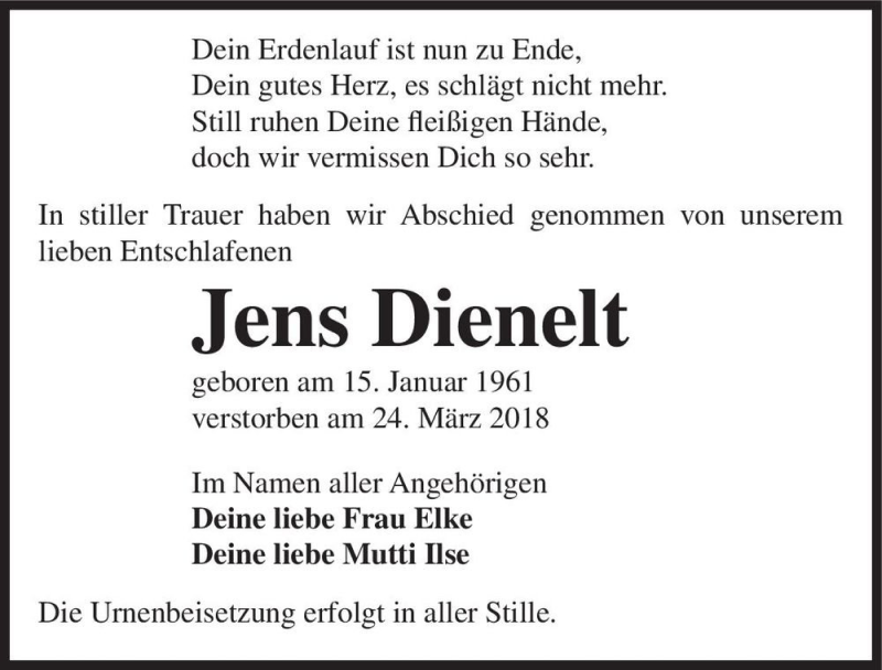  Traueranzeige für Jens Dienelt  vom 31.03.2018 aus Magdeburger Volksstimme