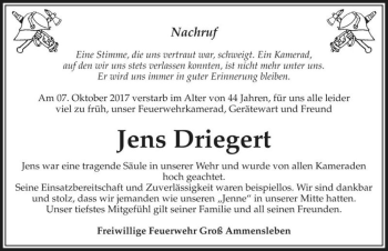 Traueranzeige von Jens Driegert  von Magdeburger Volksstimme