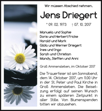Traueranzeige von Jens Driegert  von Magdeburger Volksstimme