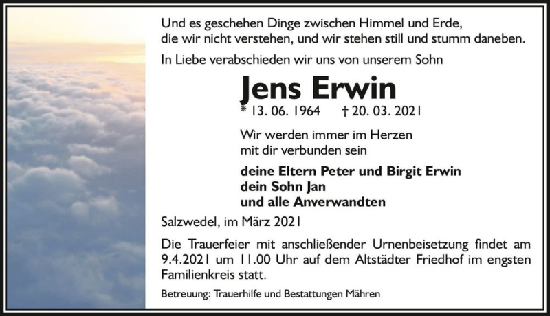  Traueranzeige für Jens Erwin  vom 24.03.2021 aus Magdeburger Volksstimme