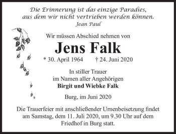 Traueranzeige von Jens Falk  von Magdeburger Volksstimme