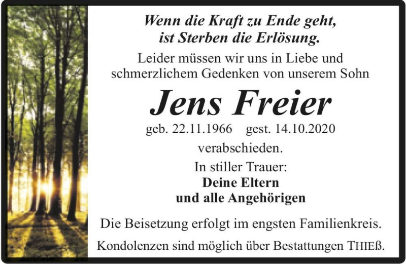  Traueranzeige für Jens Freier  vom 24.10.2020 aus Magdeburger Volksstimme