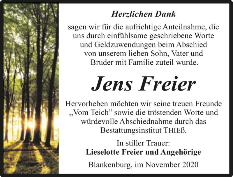  Traueranzeige für Jens Freier  vom 14.11.2020 aus Magdeburger Volksstimme