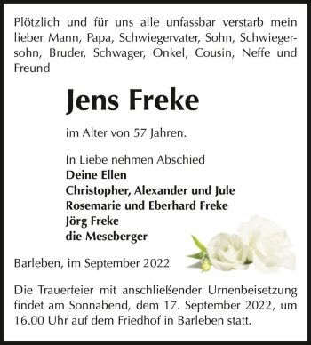 Traueranzeige von Jens Freke  von Magdeburger Volksstimme