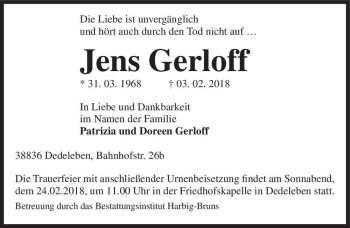Traueranzeige von Jens Gerloff  von Magdeburger Volksstimme