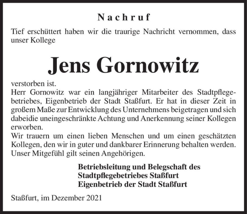  Traueranzeige für Jens Gornowitz  vom 18.12.2021 aus Magdeburger Volksstimme