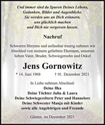 Traueranzeige von Jens Gornowitz  von Magdeburger Volksstimme