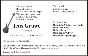 Traueranzeige von Jens Grawe (Lemmy)  von Magdeburger Volksstimme