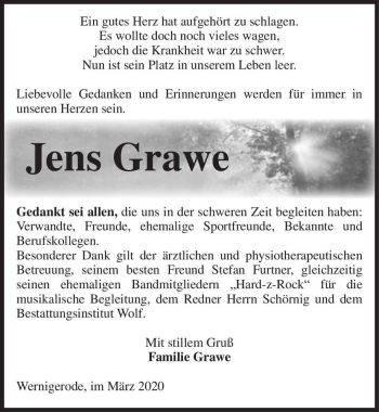Traueranzeige von Jens Grawe  von Magdeburger Volksstimme