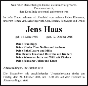 Traueranzeige von Jens Haas  von Magdeburger Volksstimme