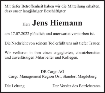 Traueranzeige von Jens Hiemann  von Magdeburger Volksstimme