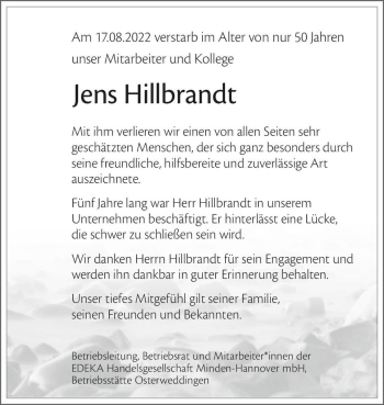 Traueranzeige von Jens Hillbrandt  von Magdeburger Volksstimme