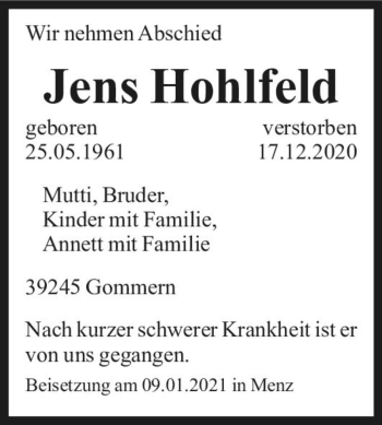 Traueranzeige von Jens Hohlfeld  von Magdeburger Volksstimme