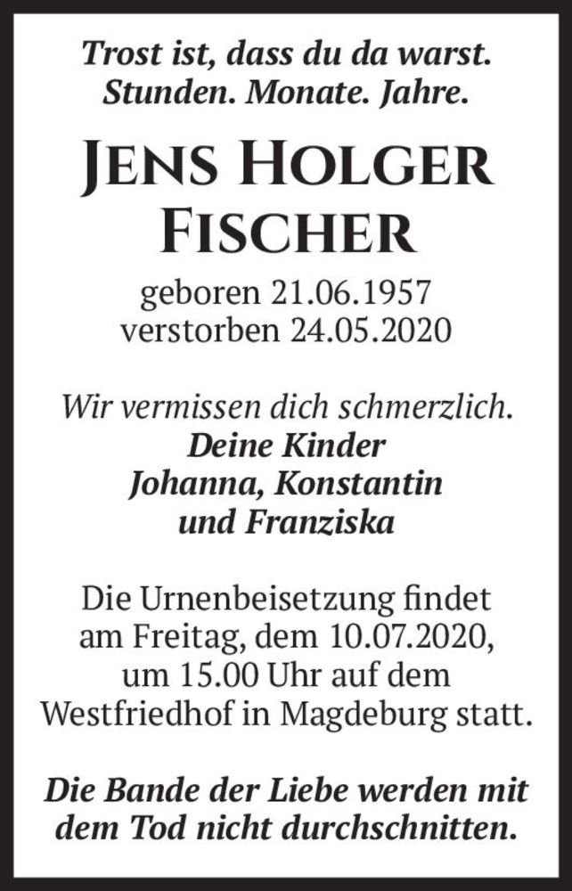  Traueranzeige für Jens Holger Fischer  vom 04.07.2020 aus Magdeburger Volksstimme