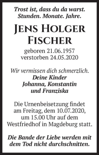 Traueranzeige von Jens Holger Fischer  von Magdeburger Volksstimme