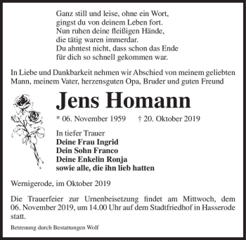 Traueranzeige von Jens Homann  von Magdeburger Volksstimme