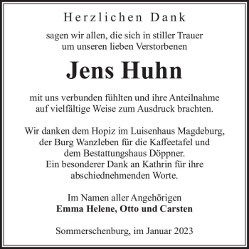 Traueranzeige von Jens Huhn  von Magdeburger Volksstimme