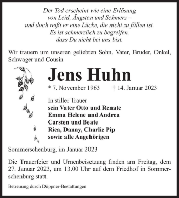 Traueranzeige von Jens Huhn  von Magdeburger Volksstimme