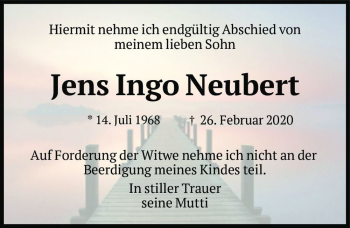 Traueranzeige von Jens Ingo Neubert  von Magdeburger Volksstimme