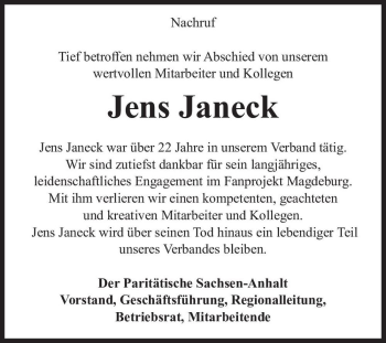Traueranzeige von Jens Janeck  von Magdeburger Volksstimme