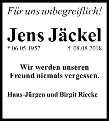 Traueranzeige von Jens Jäckel  von Magdeburger Volksstimme
