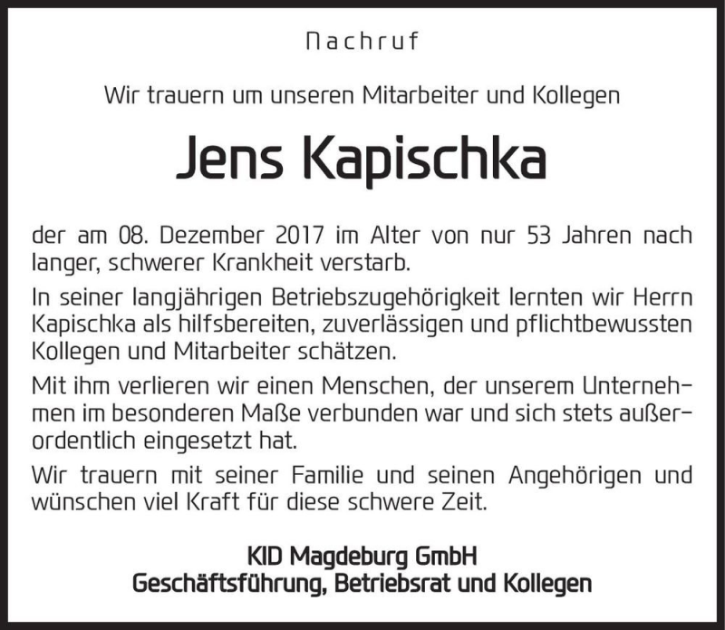  Traueranzeige für Jens Kapischka  vom 23.12.2017 aus Magdeburger Volksstimme