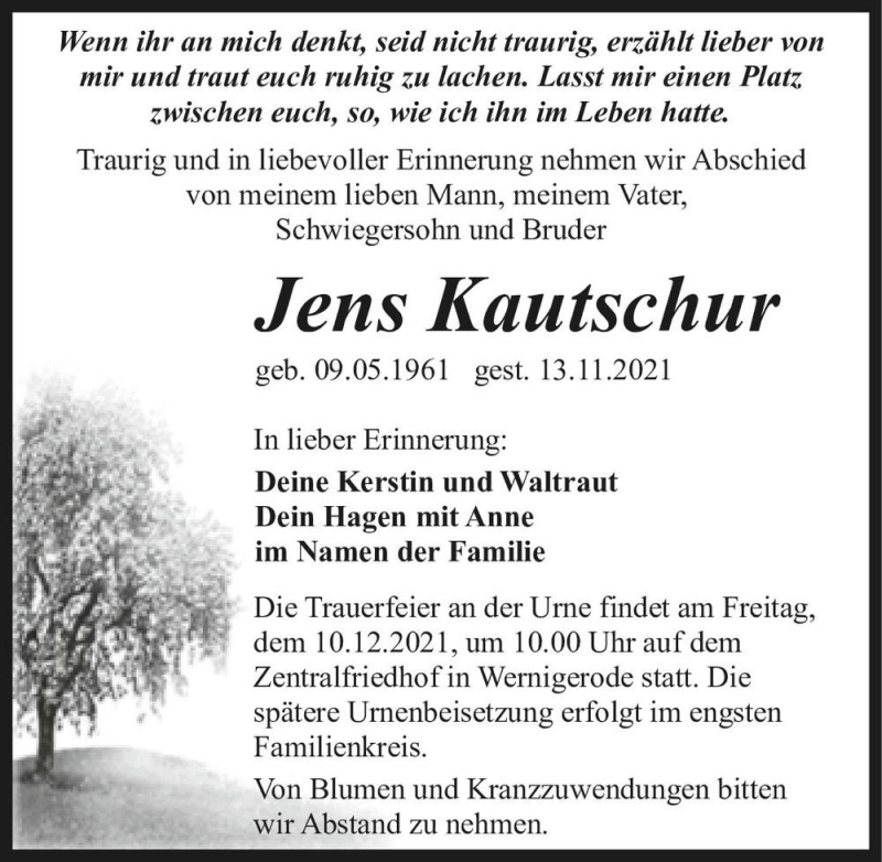  Traueranzeige für Jens Kautschur  vom 20.11.2021 aus Magdeburger Volksstimme