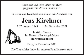 Traueranzeige von Jens Kirchner  von Magdeburger Volksstimme