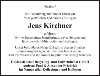 Traueranzeige von Jens Kirchner  von Magdeburger Volksstimme