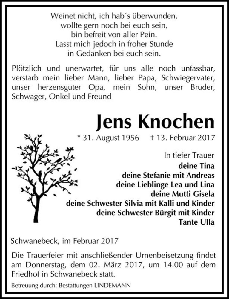  Traueranzeige für Jens Knochen  vom 18.02.2017 aus Magdeburger Volksstimme