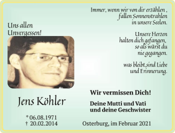 Traueranzeige von Jens Köhler  von Magdeburger Volksstimme