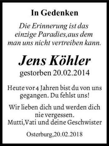 Traueranzeige von Jens Köhler  von Magdeburger Volksstimme