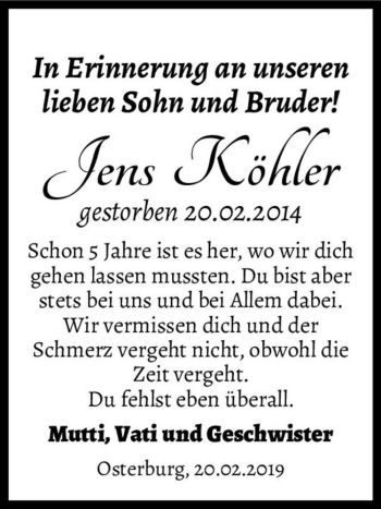 Traueranzeige von Jens Köhler  von Magdeburger Volksstimme
