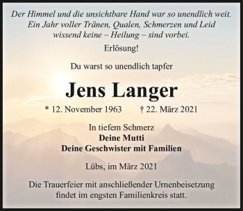 Traueranzeige von Jens Langer  von Magdeburger Volksstimme