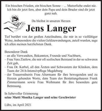Traueranzeige von Jens Langer  von Magdeburger Volksstimme