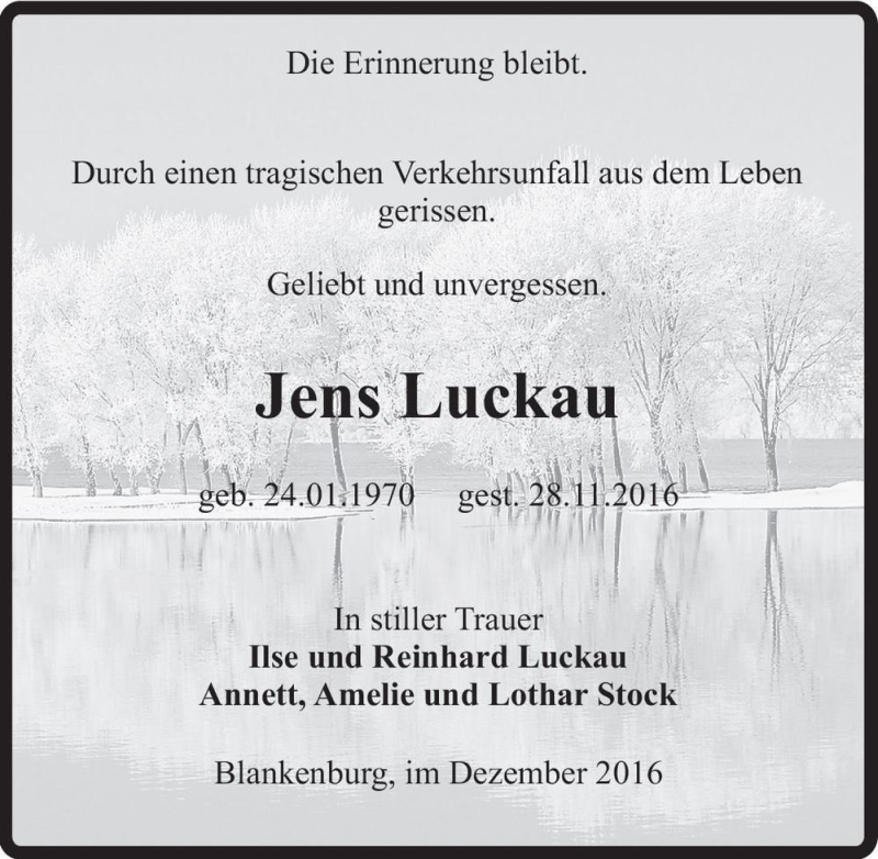  Traueranzeige für Jens Luckau  vom 21.12.2016 aus Magdeburger Volksstimme