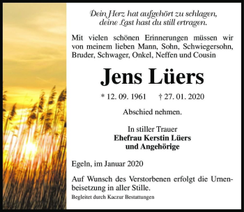 Traueranzeige von Jens Lüers  von Magdeburger Volksstimme