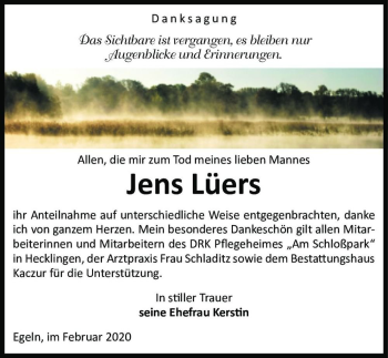 Traueranzeige von Jens Lüers  von Magdeburger Volksstimme