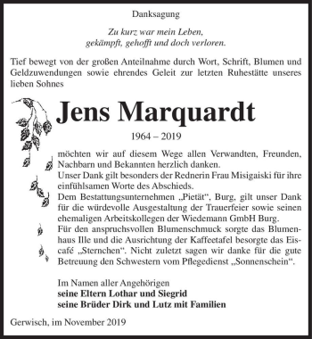 Traueranzeige von Jens Marquardt  von Magdeburger Volksstimme