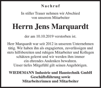 Traueranzeige von Jens Marquardt  von Magdeburger Volksstimme