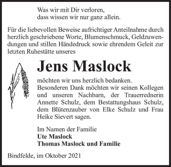 Traueranzeige von Jens Maslock  von Magdeburger Volksstimme