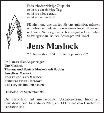 Traueranzeige von Jens Maslock  von Magdeburger Volksstimme