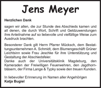 Traueranzeige von Jens Meyer  von Magdeburger Volksstimme