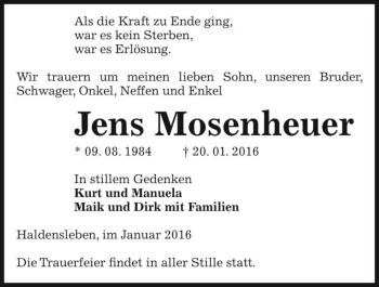 Traueranzeige von Jens Mosenheuer  von Magdeburger Volksstimme
