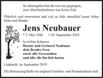 Traueranzeige von Jens Neubauer  von Magdeburger Volksstimme