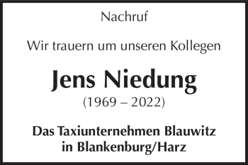 Traueranzeige von Jens Niedung  von Magdeburger Volksstimme