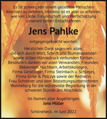 Traueranzeige von Jens Pahlke  von Magdeburger Volksstimme